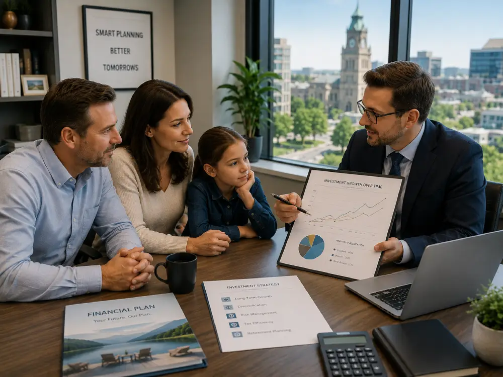 Financial advisor explaining investment growth charts and financial planning strategies to family in modern Canadian office