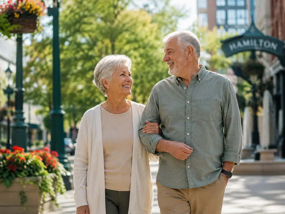 Happy retired couple walking outdoors in Hamilton Ontario after successful retirement planning and financial security