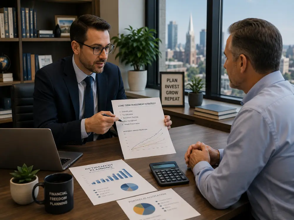 Professional financial advisor discussing long term investment strategies and retirement growth planning with client in Hamilton Ontario office
