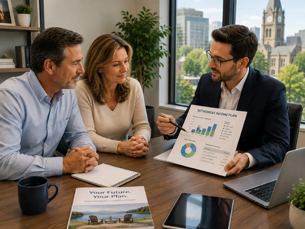 Financial advisor discussing retirement income planning with middle aged couple in modern Hamilton Ontario office