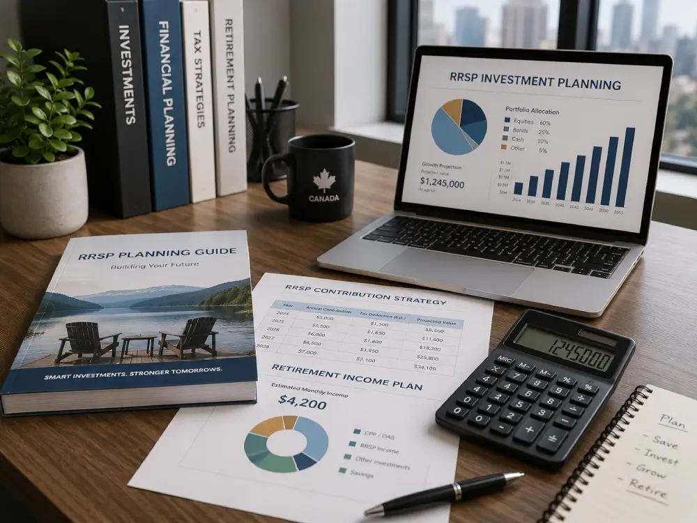 RRSP investment planning documents with calculator laptop and financial reports in modern Canadian financial office