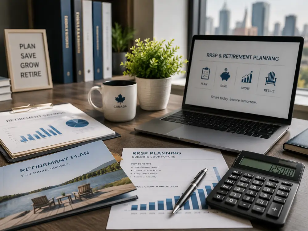 RRSP retirement savings planning documents with calculator laptop and financial reports in Canadian financial office